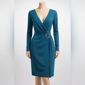 Lauren Ralph Lauren Wrap Dress Teal Blue Long Sleeve V-Neck Gold Buckle Sz S